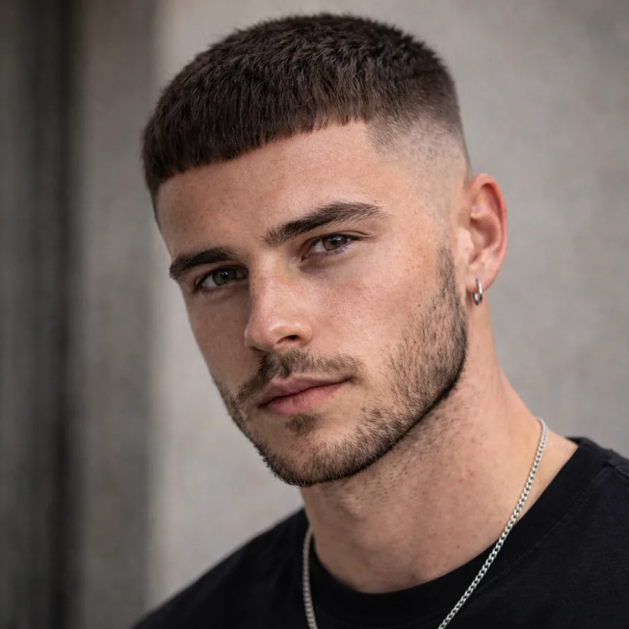 Caesar cut with short sides for an oblong face men's haircut
