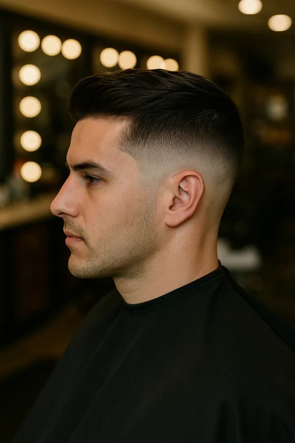 Deep side part haircut with tapered sides for oblong face men