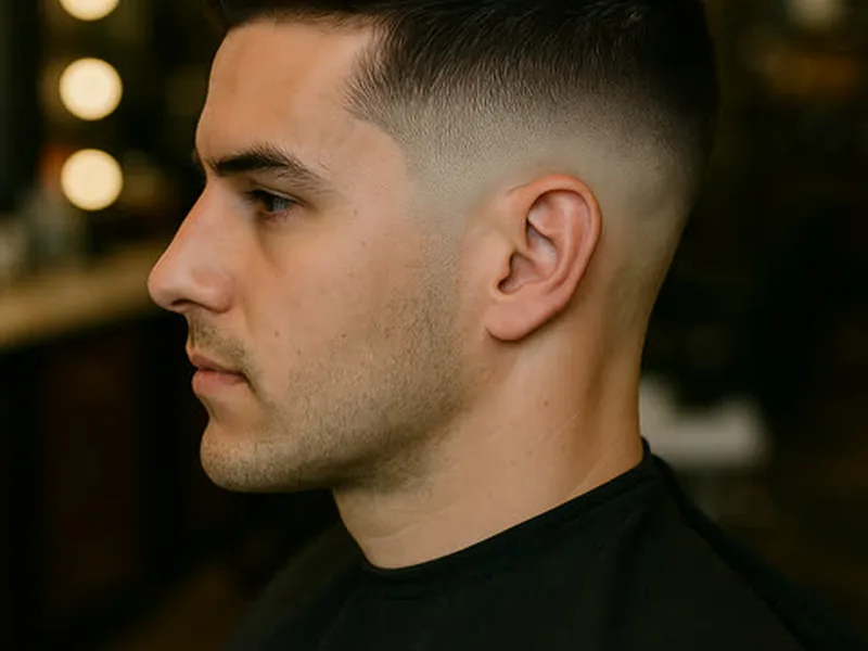 High fade pompadour haircut for round face men in Queens