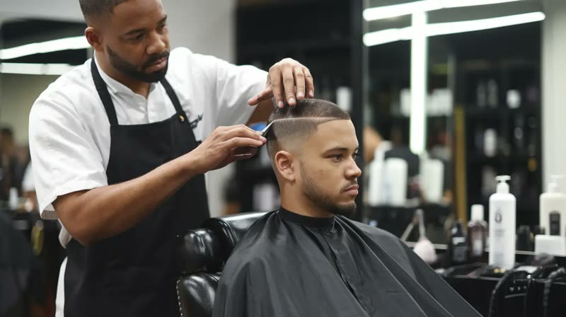 Short-sided haircut with shaped beard to add definition for a round face